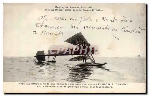 Cartes postales Meeting de Monaco Avril 1913 Aviateur Bregi prime dans la course croisiere Hydravion