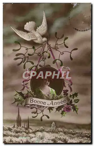 Fetes - Voeux - Bonne Annee - houx - holly - femme - oiseau - woman - bird - Ansichtskarte AK