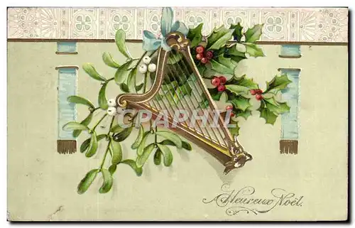 Fetes - Voeux - Heureux Noel - houx - holly Harpe (en relief) - Cartes postales
