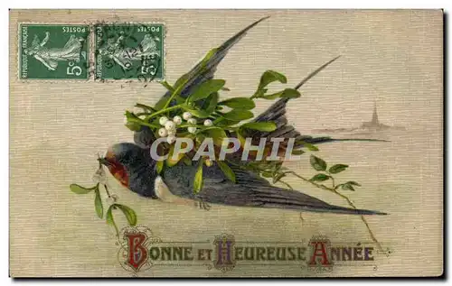 Fetes - Voeux - Bonne Annee - oiseau - bird - houx - holly Hirondelle - Ansichtskarte AK