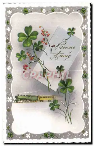 Fetes - Voeux - Bonne Annee - trefle - four leaf clover Train - houx - holly - Cartes postales