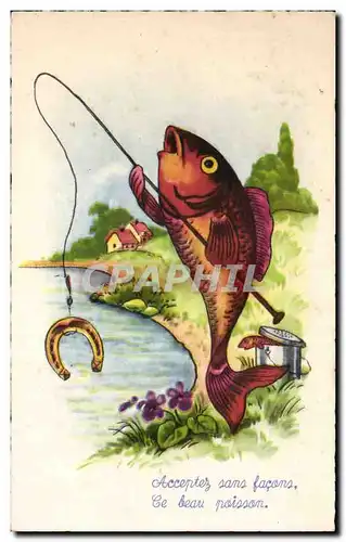 Cartes postales Fantaisie Poisson Fer a cheval Peche Pecheur