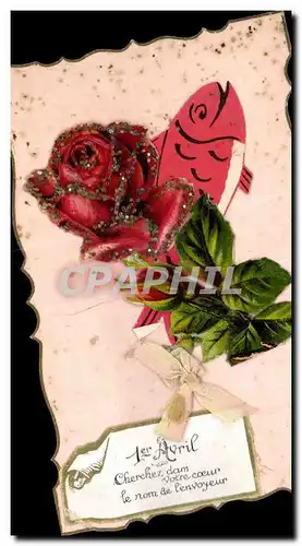 Cartes postales Fantaisie Poisson et rose Paques Easter