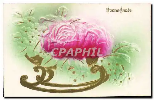 Cartes postales Fantaisie Fleurs Luge Bonne annee