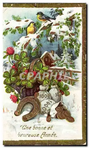 Fetes - Voeux - Bonne Annee - New Year - Horseshoe - four leaf clover - money - Cartes postales