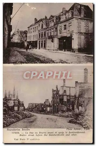 Cartes postales Militaria Ypres La rue au beurre avant et apres le bombardement