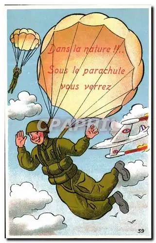 Cartes postales Fantaisie Militaria Humour Dans la nature Sous le parachute Avion Aeroplane