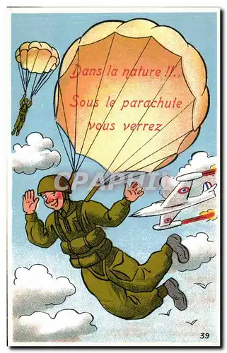 Cartes postales Fantaisie Militaria Humour Dans la nature !! Sous la parachute Avion
