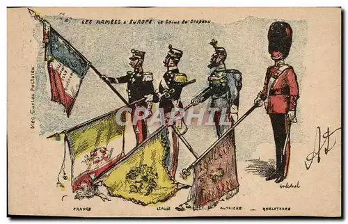 Militaria - Humour - Humoristique - Illustration - Les Armees a Europe - Salut de Drapeau - Cartes postales