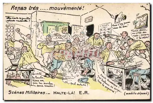 Cartes postales Fantaisie Militaria Repas tres mouvemente Scens militaires Halte la