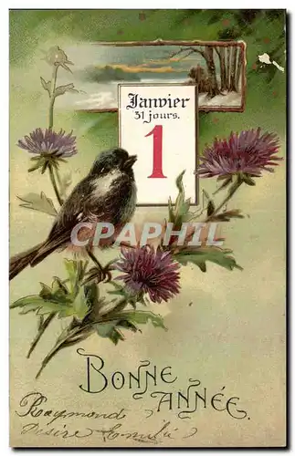 Cartes postales Fantaisie Fleurs Oiseau Bonne annee