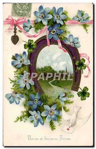 Cartes postales Fantaisie Bonne et heureuse annee Colombe Fer a cheval