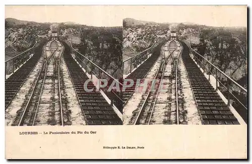 Carte Stereoscopique - Lourdes - La Funiculaire du Pic du Ger - Cartes postales