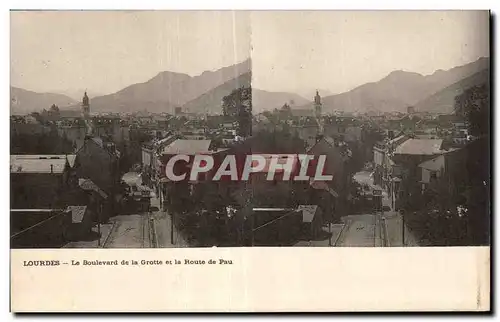 Carte Stereoscopique - Lourdes - Le Boulevard de la Grotte et la Route de Pau - Cartes postales