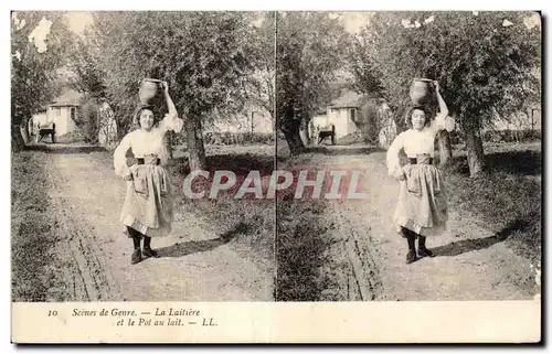 Carte Stereoscopique - Scenes de Genre - La Laitiere - Pot au Lait - Cartes postales