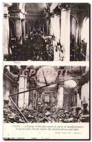 Cartes postales Ypres L Eglise St Nicolas avant et apres le bombardement