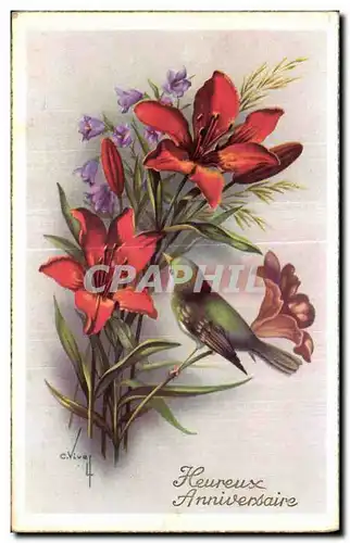 Cartes postales Fleurs Heureux anniversaire Oiseau