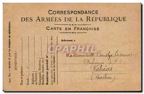 Ansichtskarte AK Carte en Franchise Militaire Bouvet Valreas