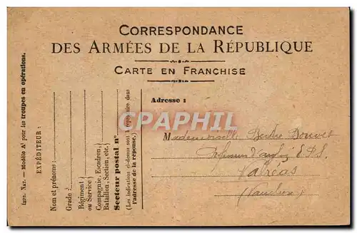 Ansichtskarte AK Carte en Franchise Militaire Bouvet Valreas