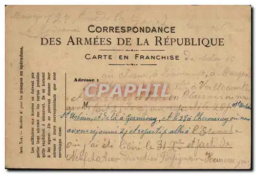 Carte de Franchise Militaire Chemisay Germisay St Urbain