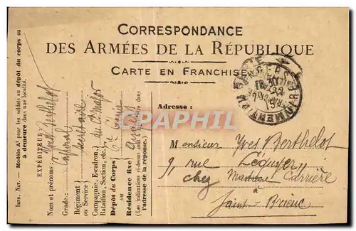 Carte de Franchise Militaire Berthelot Saint Brieuc