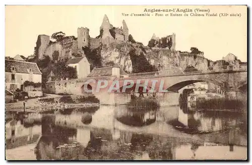 Cartes postales Angles sur I Anglin (Vienne) Vue d ensemble Pont et Ruines du Chateau Feodal