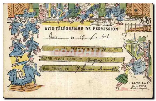 Cartes postales Fantaisie Militaria Avis telegramme de permission
