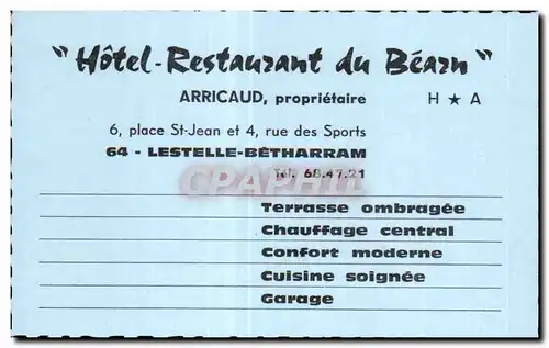 Carte de visite Hotel Restaurant du beach Lestelle Betharram Arricaud