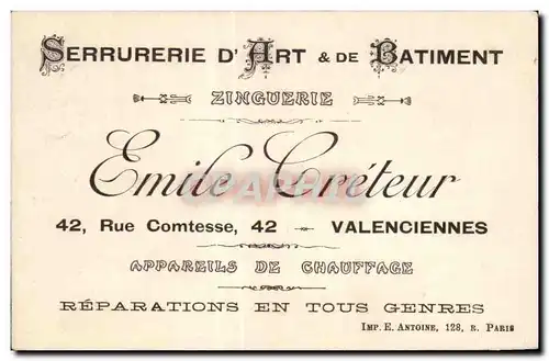 Carte de visite Valenciennes Serrurerie D Art   De Batiment Zinguerie Emile Lriteur Rue Comtesse