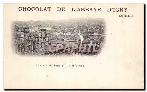 Cartes postales Chocolat de l Abbaye d Igny panorama de Paris pris a st gervais