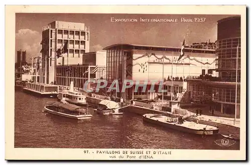 Cartes postales Exposition internationale Paris 1937 Pavillon de la Suisse et d Italie Vue du pont d Iena