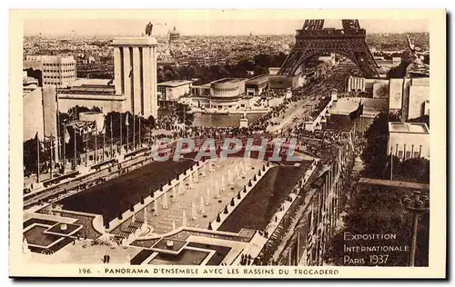 Cartes postales Exposition intenationale Paris 1937 Panorama d Ensemble avec Basssins du trocadero Tour Eiffel