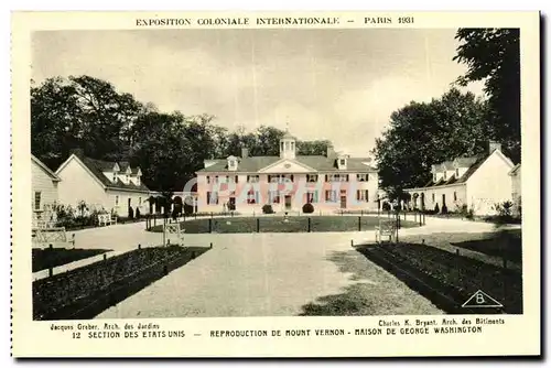 Cartes postales Exposition Coloniale Internationale Paris 1931 Sectoin Des Etats Unis Reproduction De Mount Vern