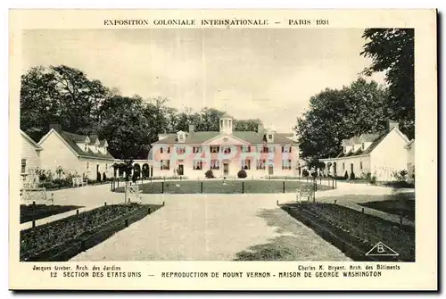 Cartes postales Exposition coloniale internationale Paris 1931 Section Des Etats Unis Reproduction De Mount Vern