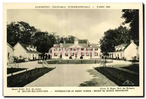 Cartes postales Exposition Coloniale Internationale Paris 1931 Section Des Etats Unis Reproduction De Mount Vern