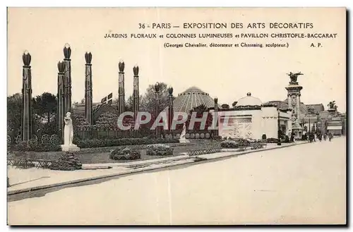 Cartes postales Paris Exposition des arts Decoratifs Jardins floraux et colonnes lumineuses et Pavillon Christof