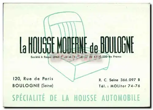 Carte de visite La House Moderne de Boulogne 120 rue de Paris Specialite de la housse automobile Pub