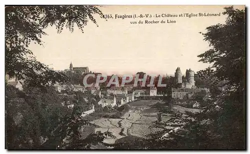 Cartes postales Fougeres Le Chateau et l Eglise St Leonard vue du Rocher du Lion