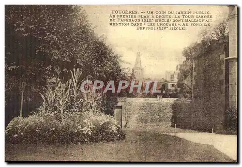 Cartes postales Fougeres Un Coin Du Jardin Public Au Premier A Droite La Tour Carree Du Papegaud (XIII siecle) D