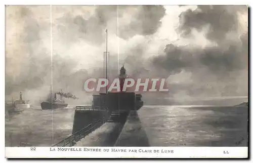 Cartes postales La Nouvelle Entree Du Havre Par Clair De Lune Bateau Phare Lighthouse