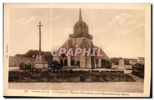 Cartes postales Perros L Eglise et Le Calvaire et le Monument aux Morts