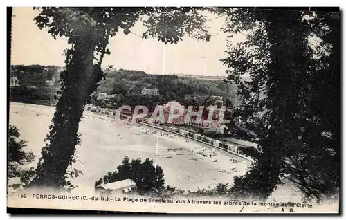 Cartes postales Perros Guirec La Plage de Trestaou vue a travers les arbres de la montee de la Clarte