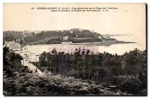 Cartes postales Perros Guirec Vue generale de la Plage de Trestraou Dans le lointain la Pointe de Ploumanach