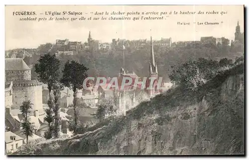 Ansichtskarte AK Fougeres L Eglise St Sulpice dont le clocher pointu n arrive pas a la bauteur des rochers