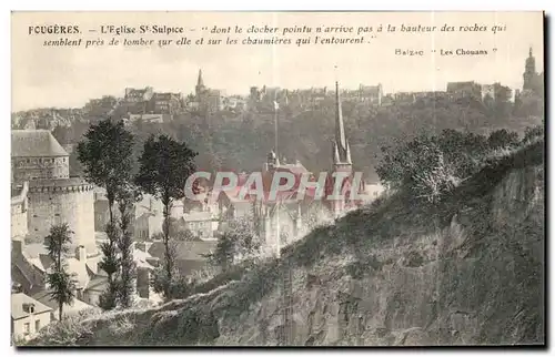 Cartes postales Fougeres L Eglise St Sulpice dont le clocher pointu n arrive pas a la bauteur des rochers