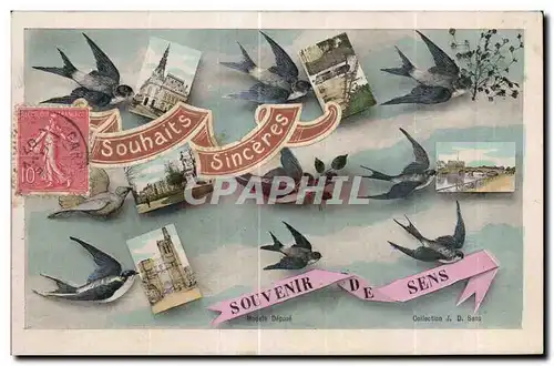 Cartes postales Souhaits Sinceres Souvenir de Sens Hirondelles