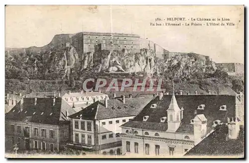 Cartes postales Belfort Le Chateau et le Lion En bas I Arsenal La Prison L Hotel de Ville