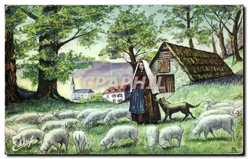 Cartes postales Lourdes A Bartres Bernadette fut bergere La voici pres de sa bergerie Au fond la maison Moutons