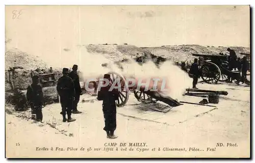 Cartes postales Camp de Mailly Ecoles a Feu Piece de sur Affut d col de Cygne et a Glissement Piece Feu Militari