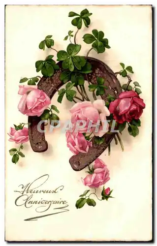 Cartes postales Fantaisie Fleur Heureux Anniversaire Fer a cheval